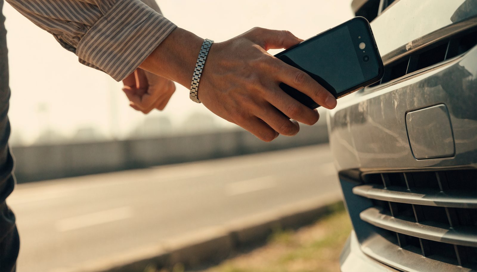 A person calmly photographing a car bumper at the roadside after a minor accident